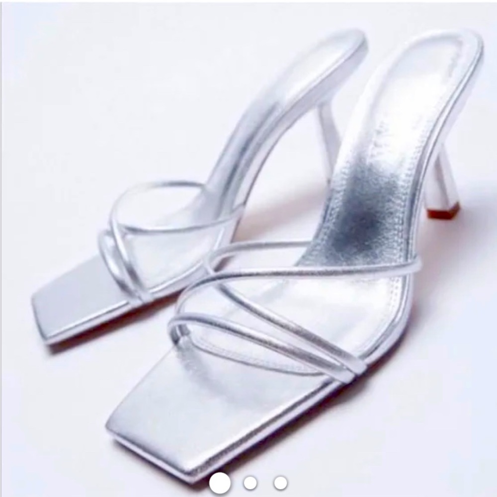 ZARA Beautiful Metallic Silver Slip On Front Strap Stiletto🔥🔥🔥 - Picture 1 of 12